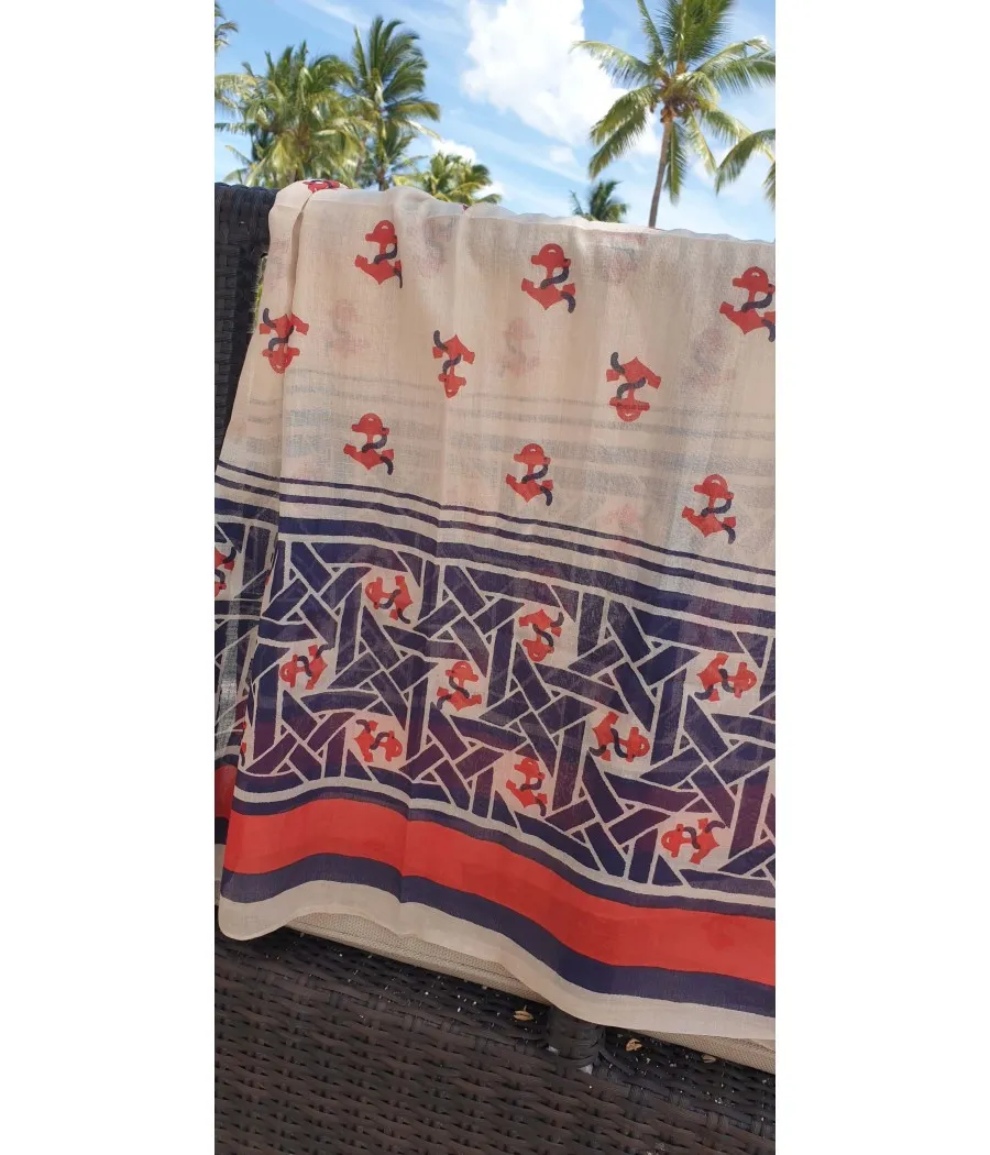 ANCRES DE MARINE ROUGES - TENDANCE BORD DE MER - FOULARD COTON BLEU MARINE ROUGE BLANC ECRU -ESPRIT MARIN BATEAU VACANCES