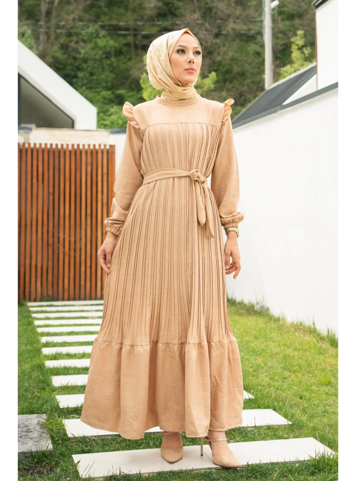 Beige - Unlined - Modest Dress