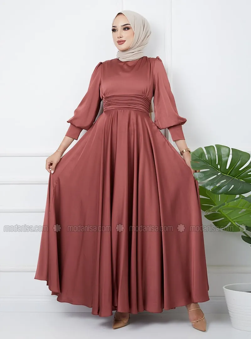Belt Detailed Satin Hijab Evening Dress With Pleated Detail Rose