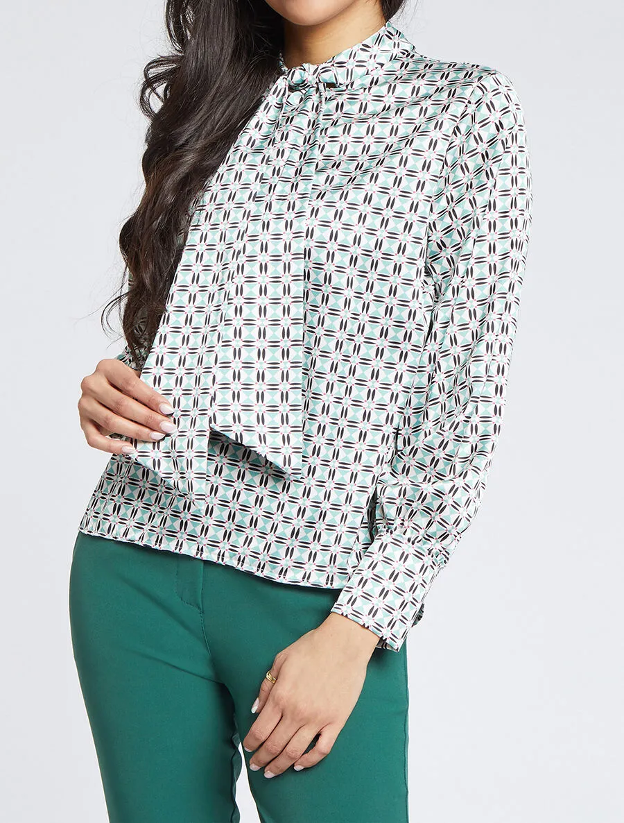 Blouse droite lavallière imprimé mosaïque - Vert d'eau