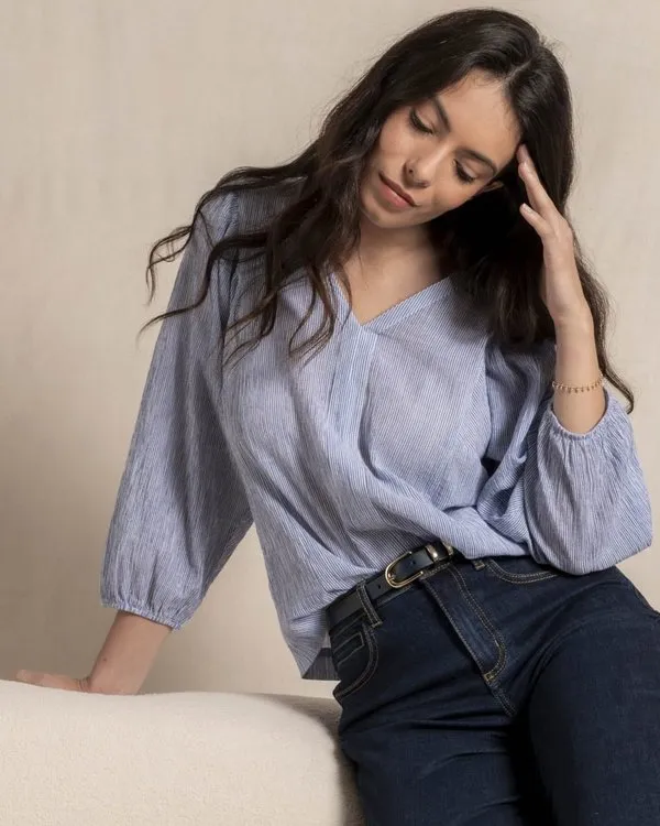 Blouse manches 3/4 seersucker en coton rayures bleu 