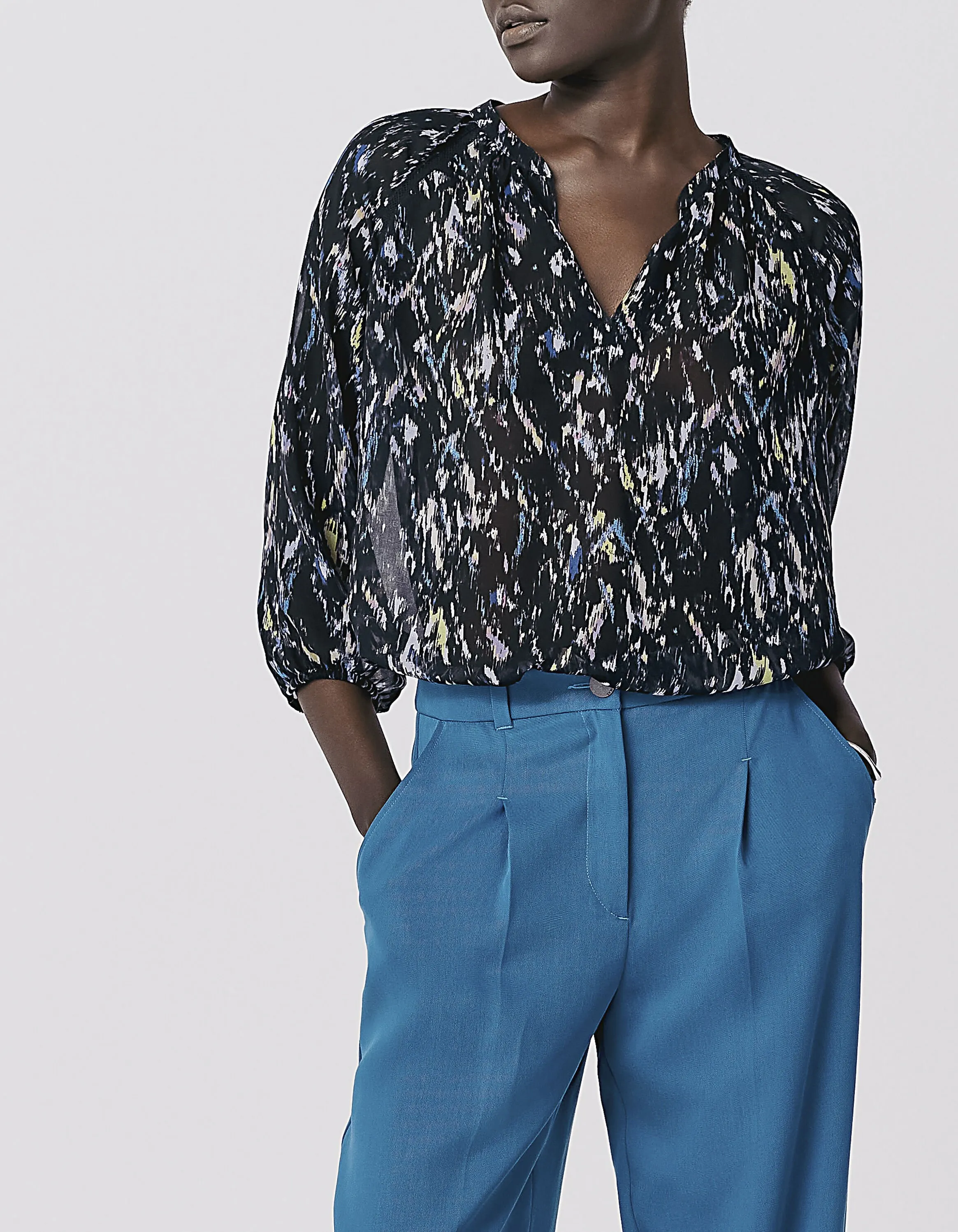 Blouse voile recyclé imprimé coloré détail résille femme