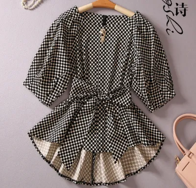 Blouse à Pois Vintage pour Femme avec Ceinture Fantaisie