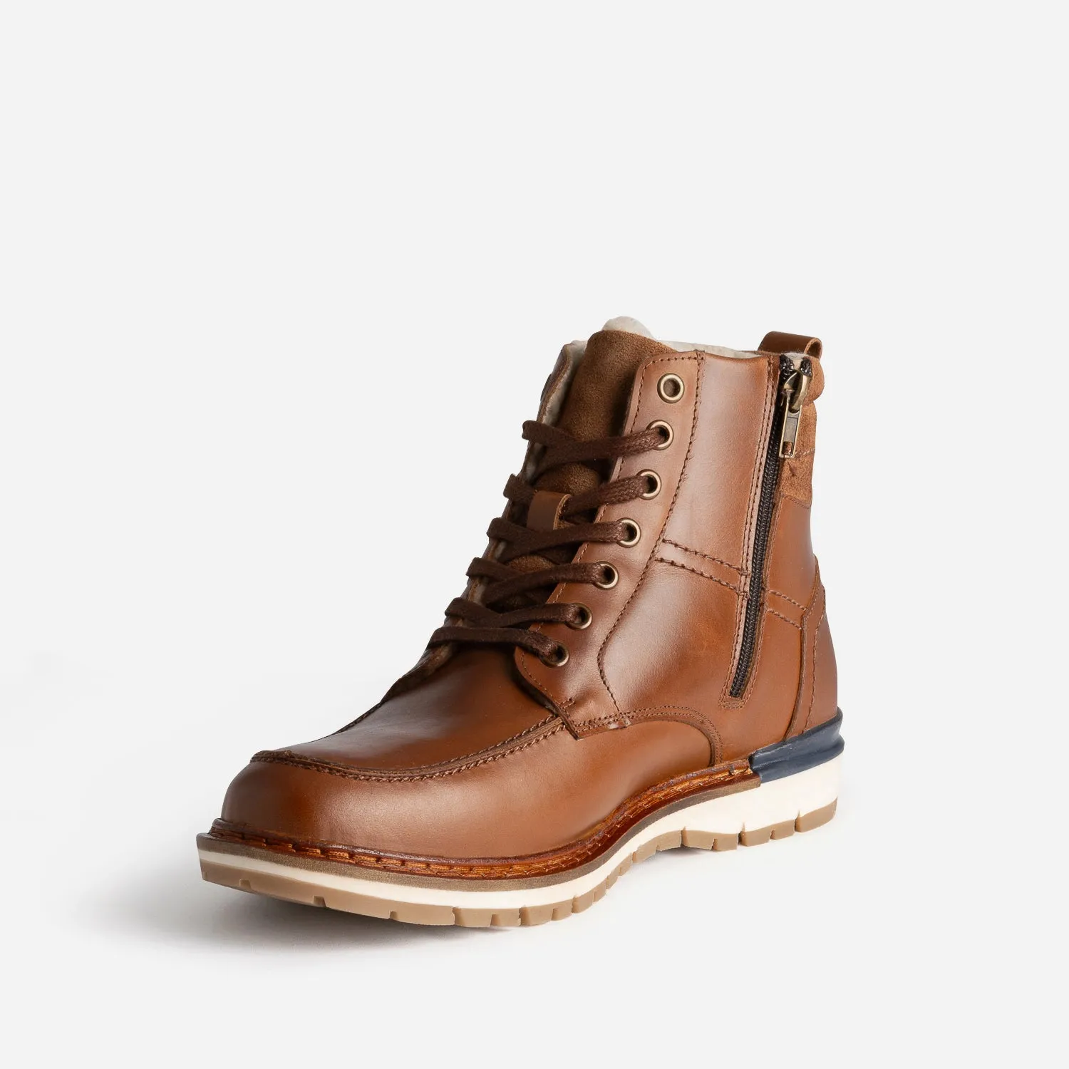 Boots cranté fourré en cuir cognac - Boots Homme | ERAM