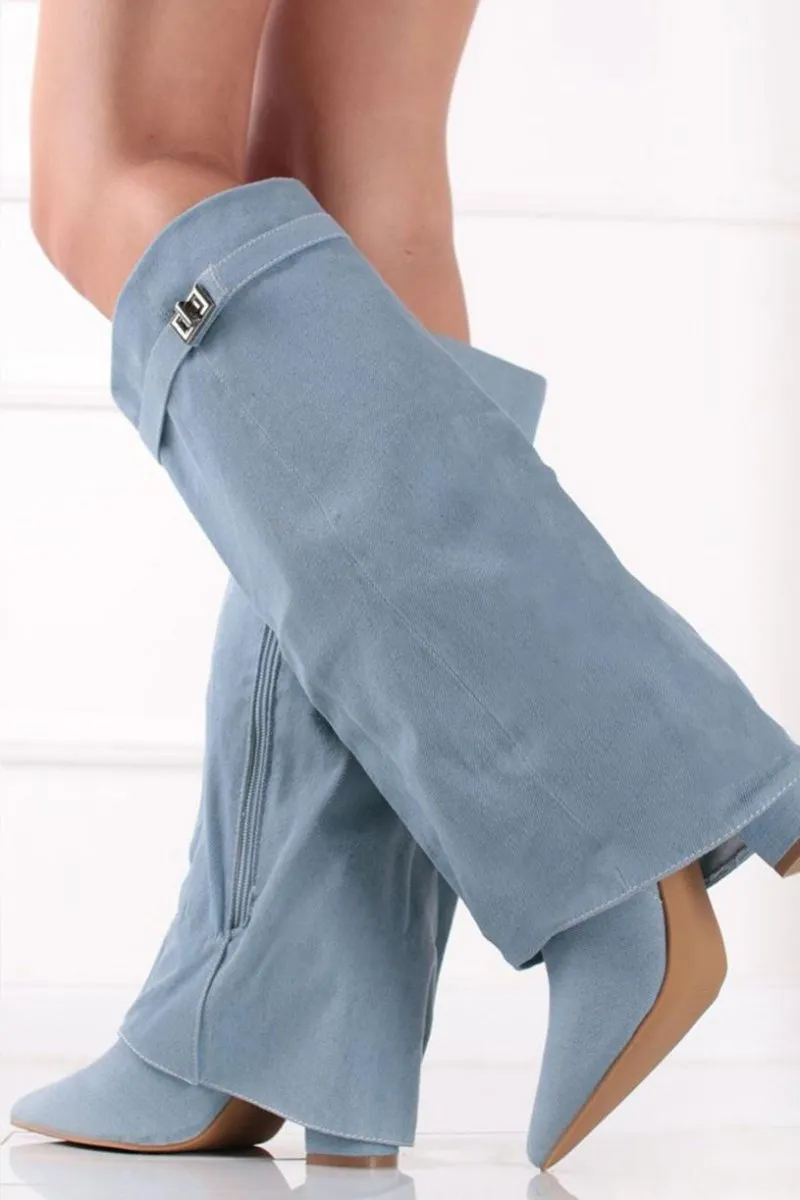 Bottes hautes denim à talon cadenas bleu