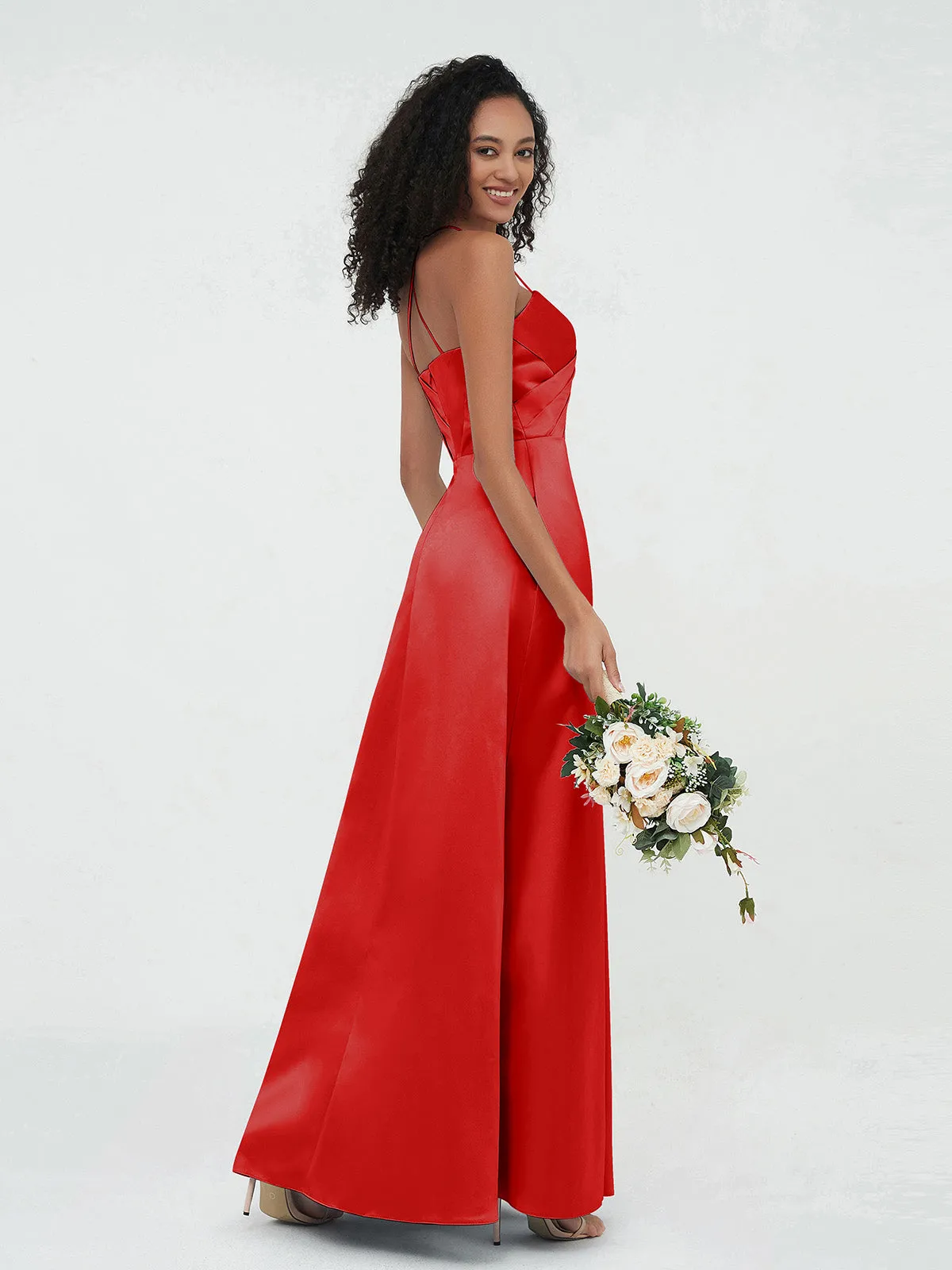 Bretelles Spaghetti Corsage Plissé Robes en Satin Rouge Grande Taille