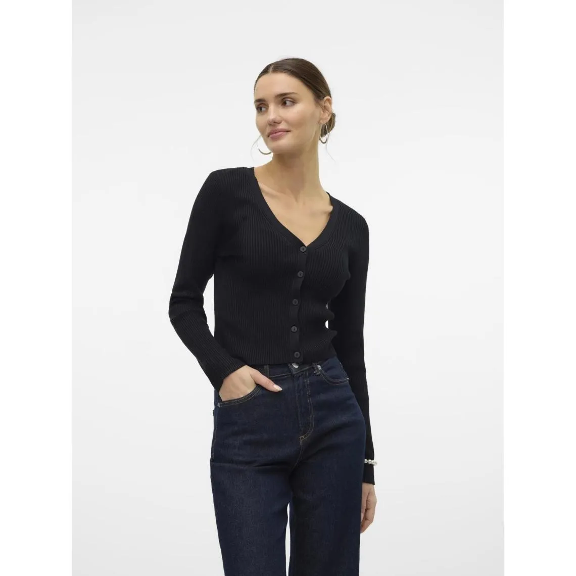Cardigan fermeture par bouton court col en v manches longues noir Clara | 3 Suisses