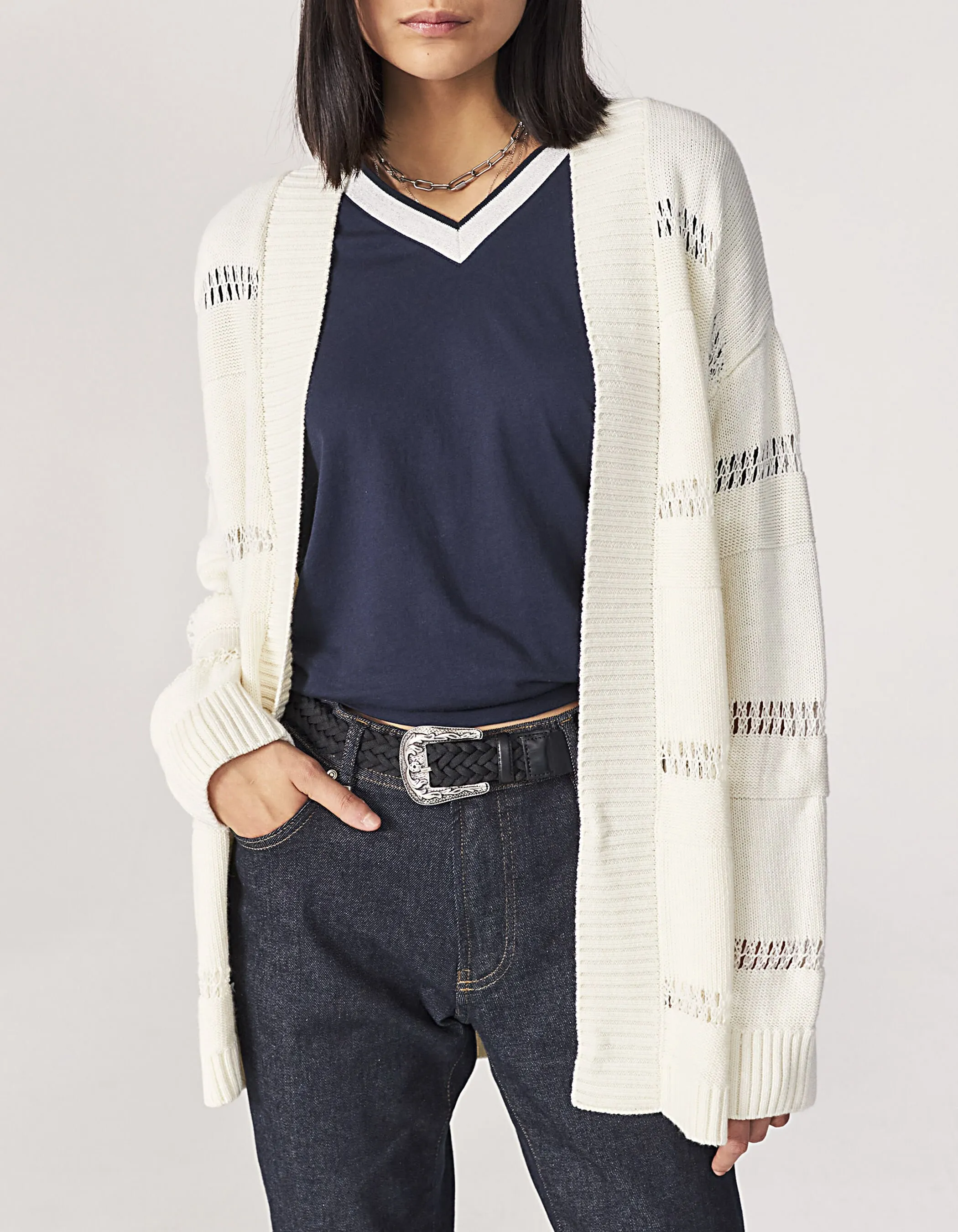 Cardigan long en maille détails rayures déjaugées femme