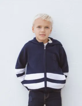 Cardigan marine tricot rayures blanches garçon