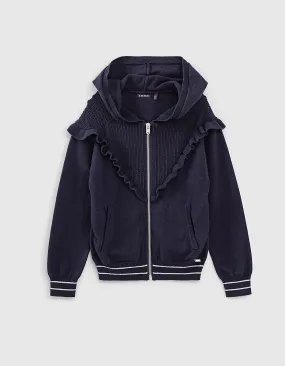 Cardigan navy tricot ajouré et volants fille