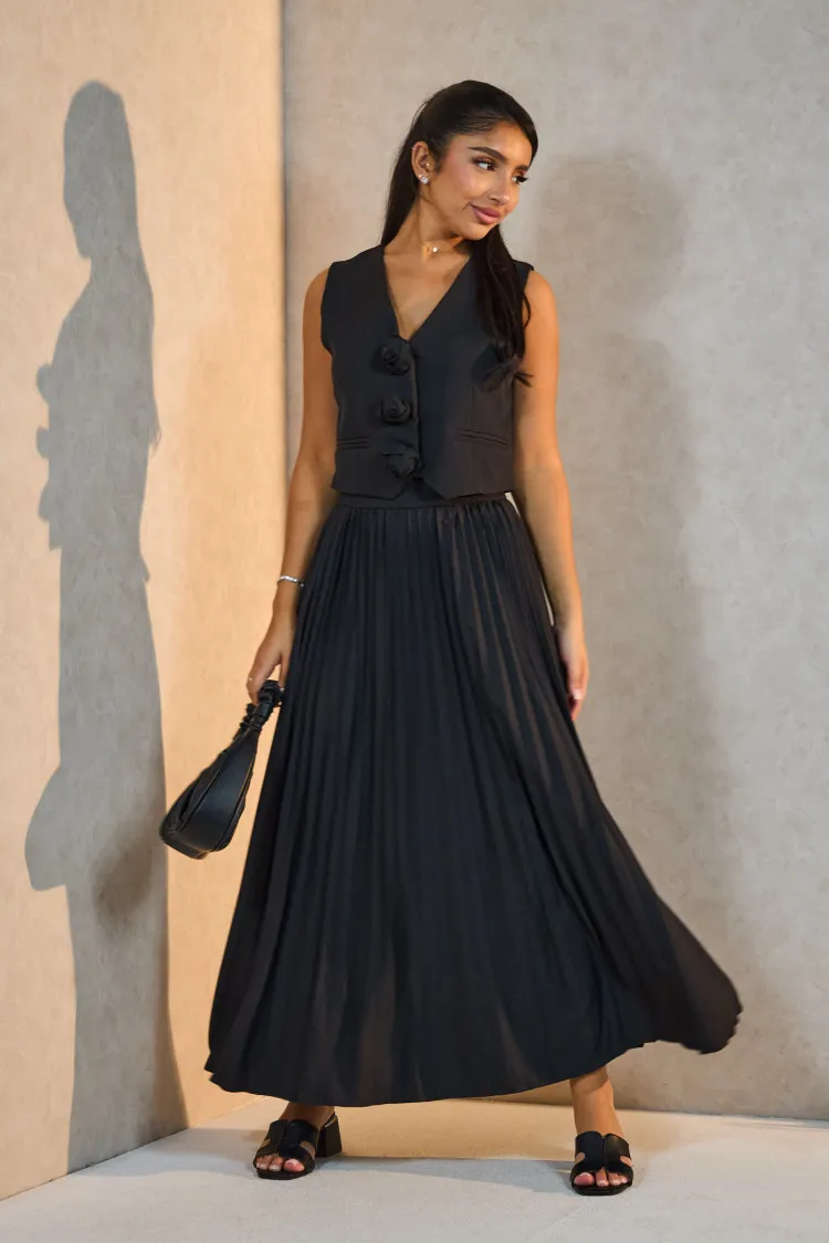 Ensemble 2 pièces blazer sans manches + jupe plissée noir