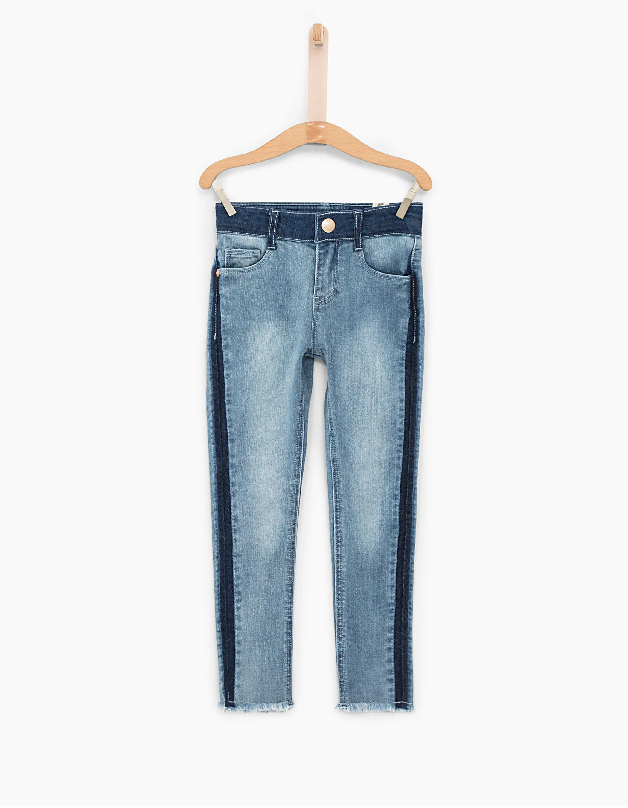 Jean skinny faded blue 7/8ème bas frangés fille
