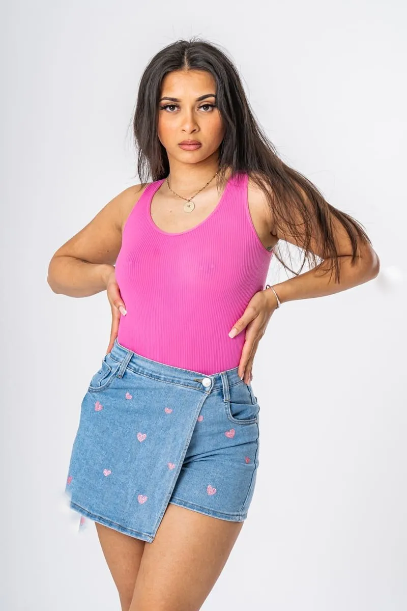 Jupe-short à motif cœur pailleté bleu