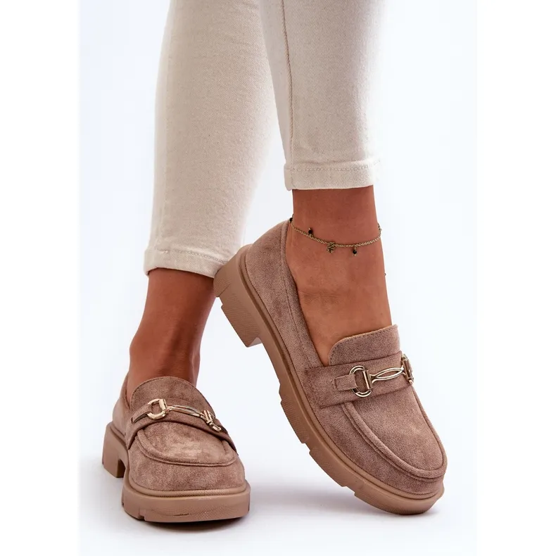 Mocassins Pour Femmes Avec Décoration Dorée, Eco Daim, Marron Lighas brun