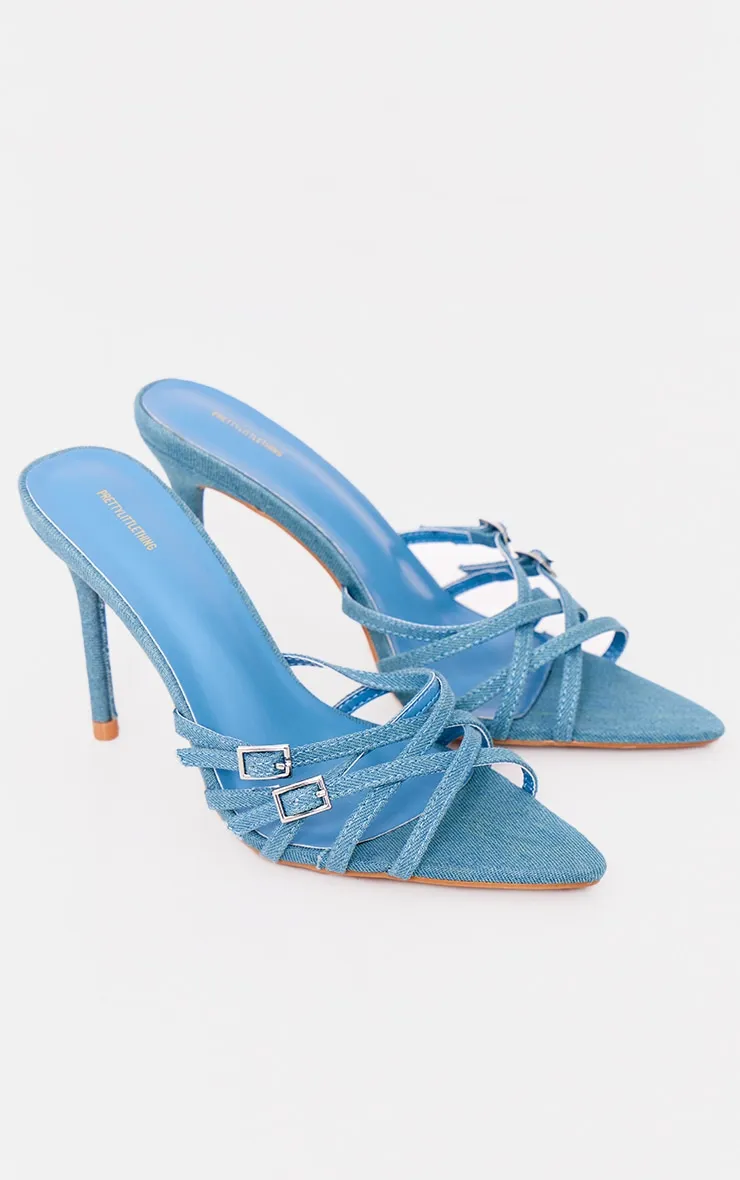 Mules en jean indigo à talon bout pointu large et brides croisées