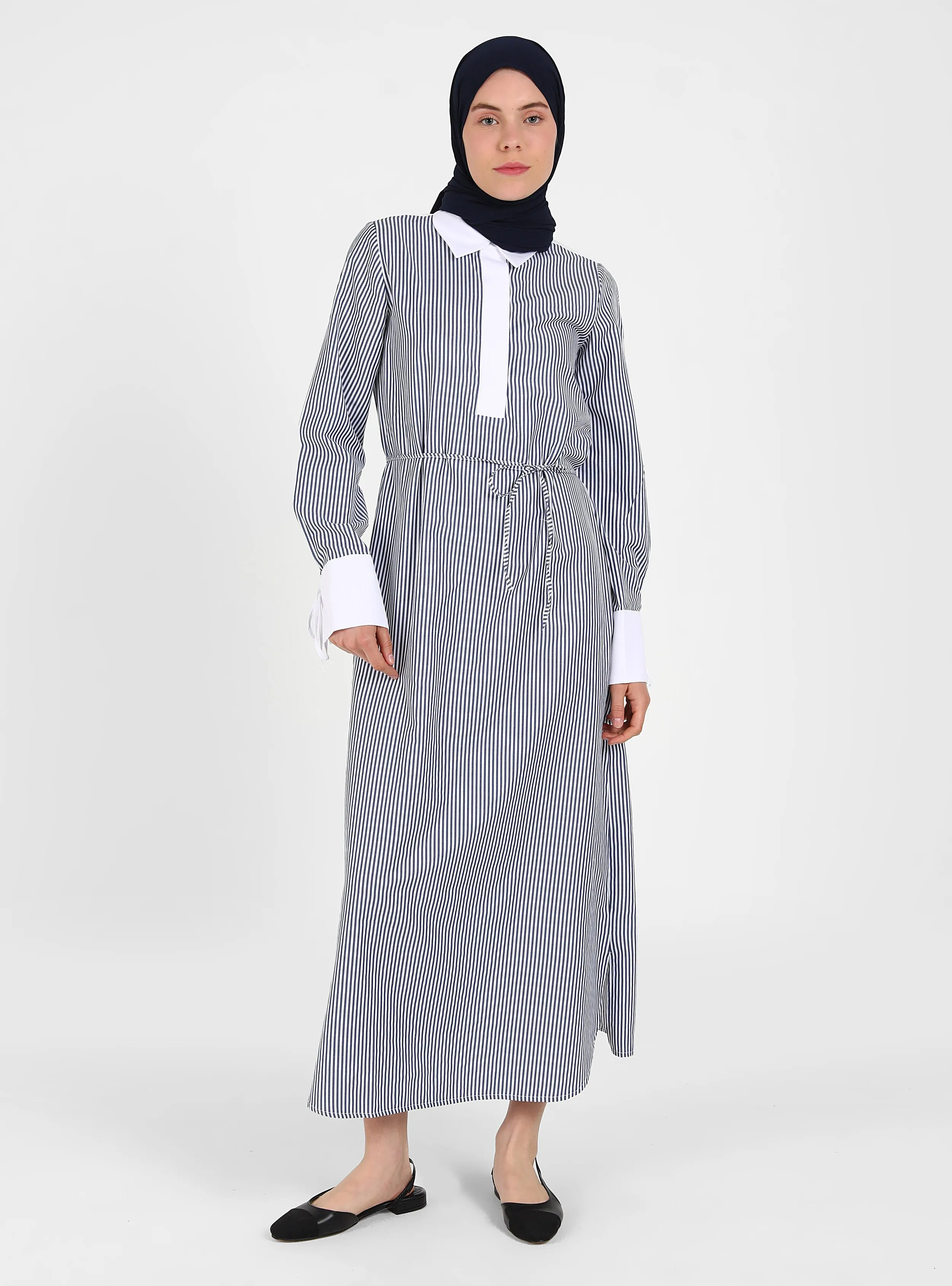 Navy Blue Striped - Modest Dress