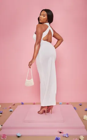 Plus Robe longue en néoprène crème col montant croisée dans le dos