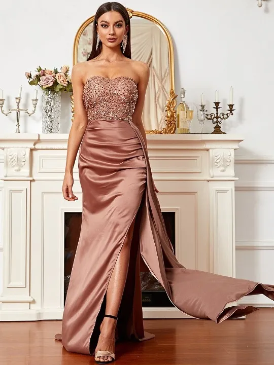 Robe de soirée marron clair à paillettes bustier en satin sans manches ⋆ Revenge Dress