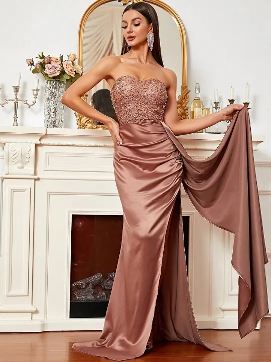 Robe de soirée marron clair à paillettes bustier en satin sans manches ⋆ Revenge Dress