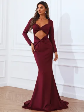Robe de soirée rouge bordeaux sirène longue avec découpes manches longues en satin ⋆ Revenge Dress