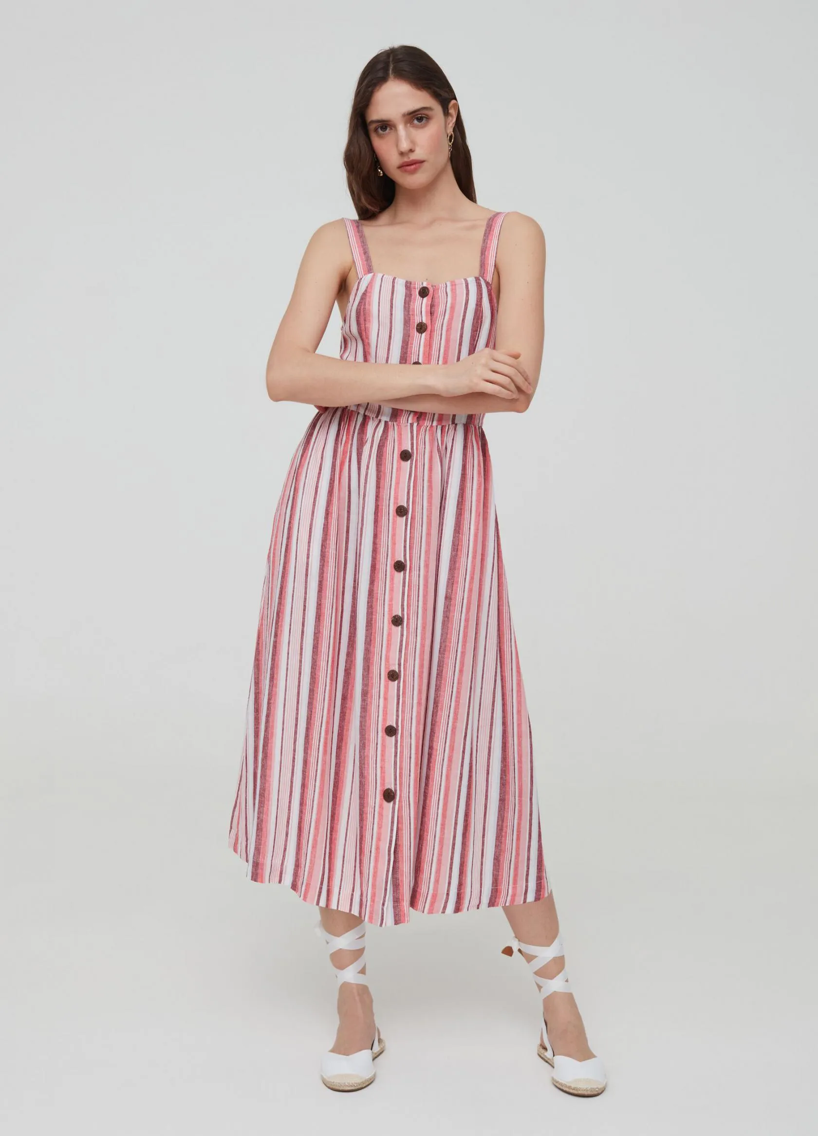 Robes Femme | Striped linen and viscose dress Blanc / Rose | OVS