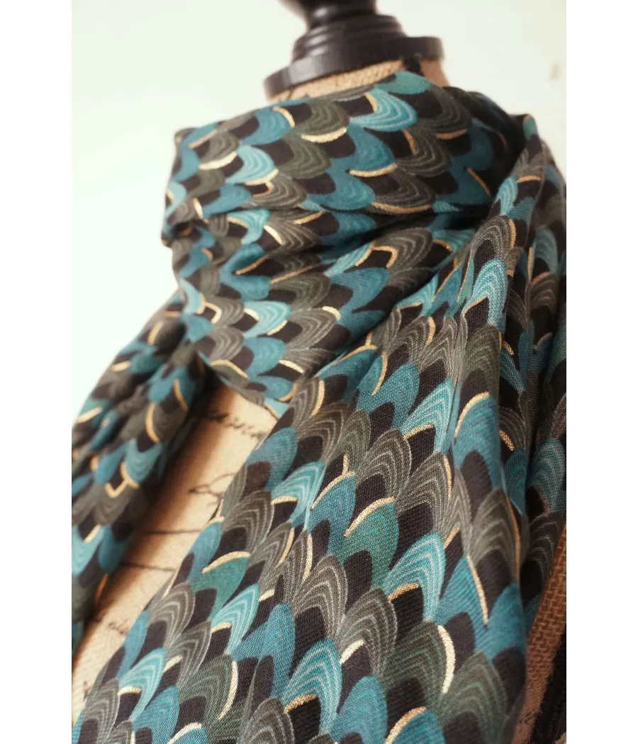 santaia foulard art déco plumes de paon vert sapin aqua kaki touche or