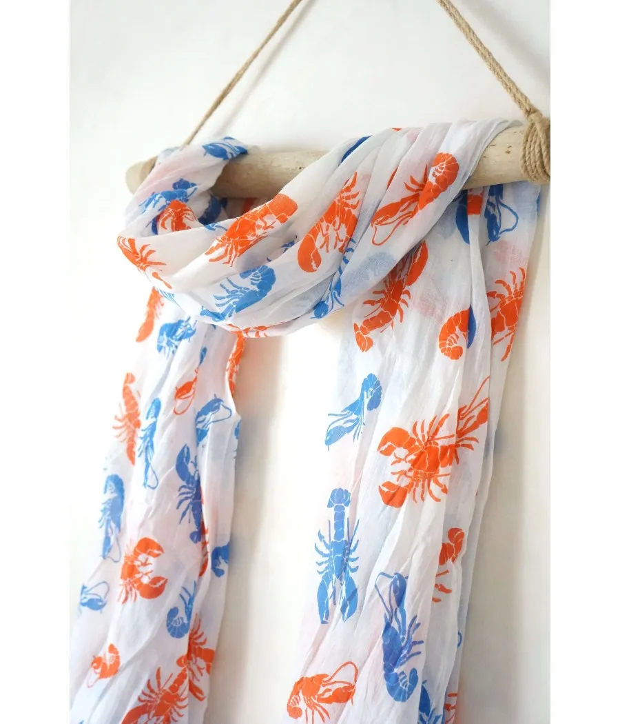 SANTAIA FOULARD CHECHE COTON BLANC HOMARDS ORANGES BLEUS ESPRIT MARIN
