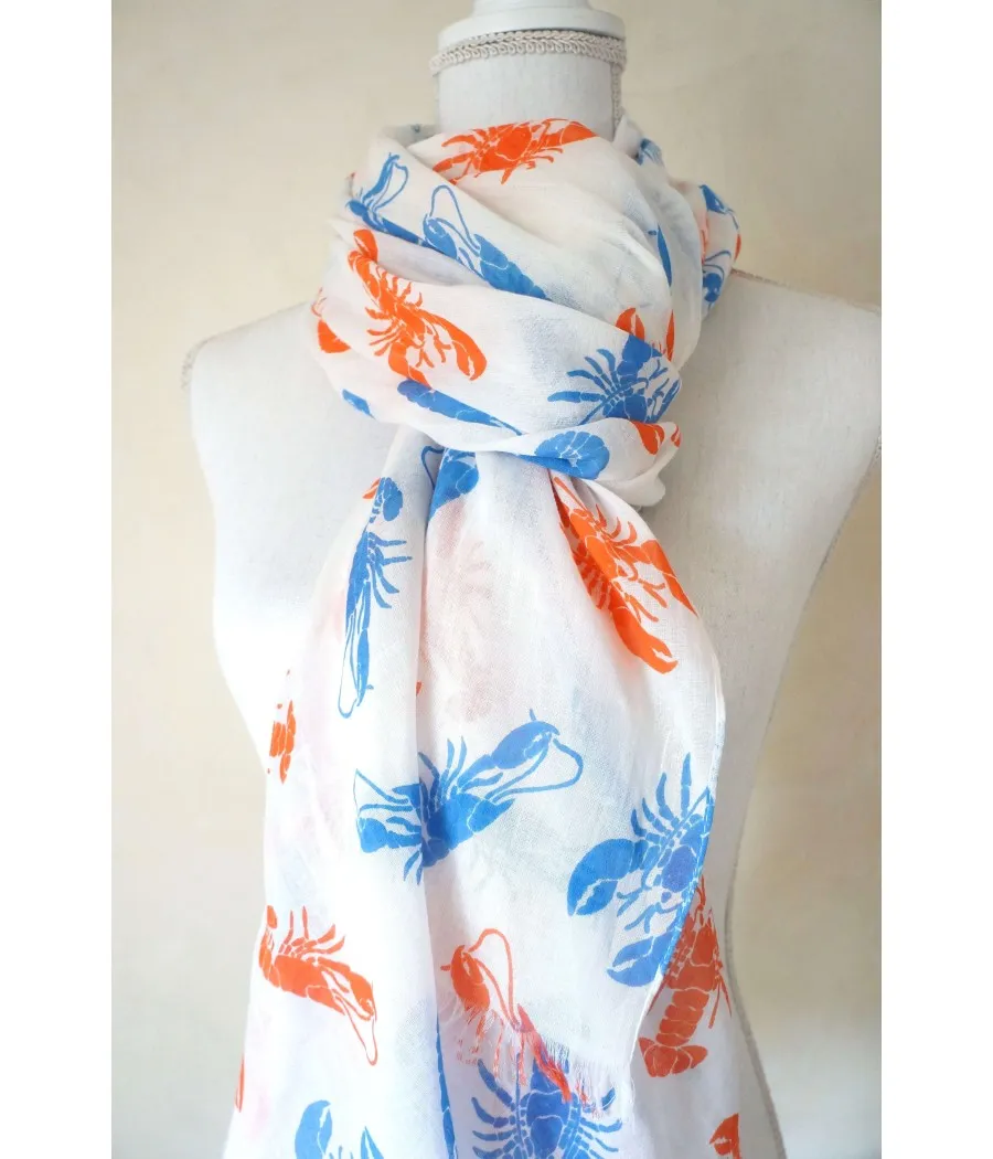 SANTAIA FOULARD CHECHE COTON BLANC HOMARDS ORANGES BLEUS ESPRIT MARIN