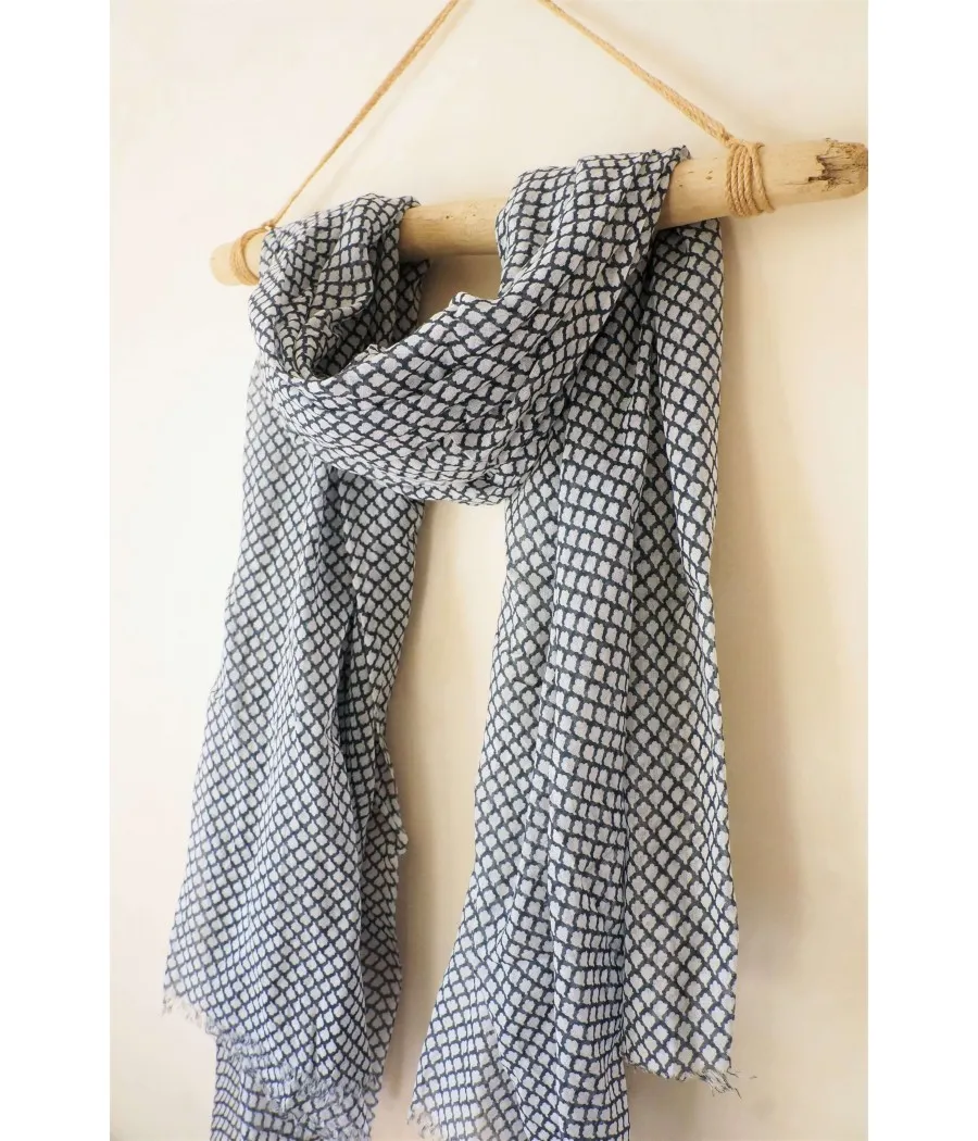 SANTAIA foulard coton bleu marinne blanc petit motif croisillon