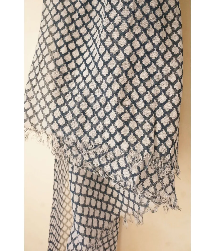 SANTAIA foulard coton bleu marinne blanc petit motif croisillon