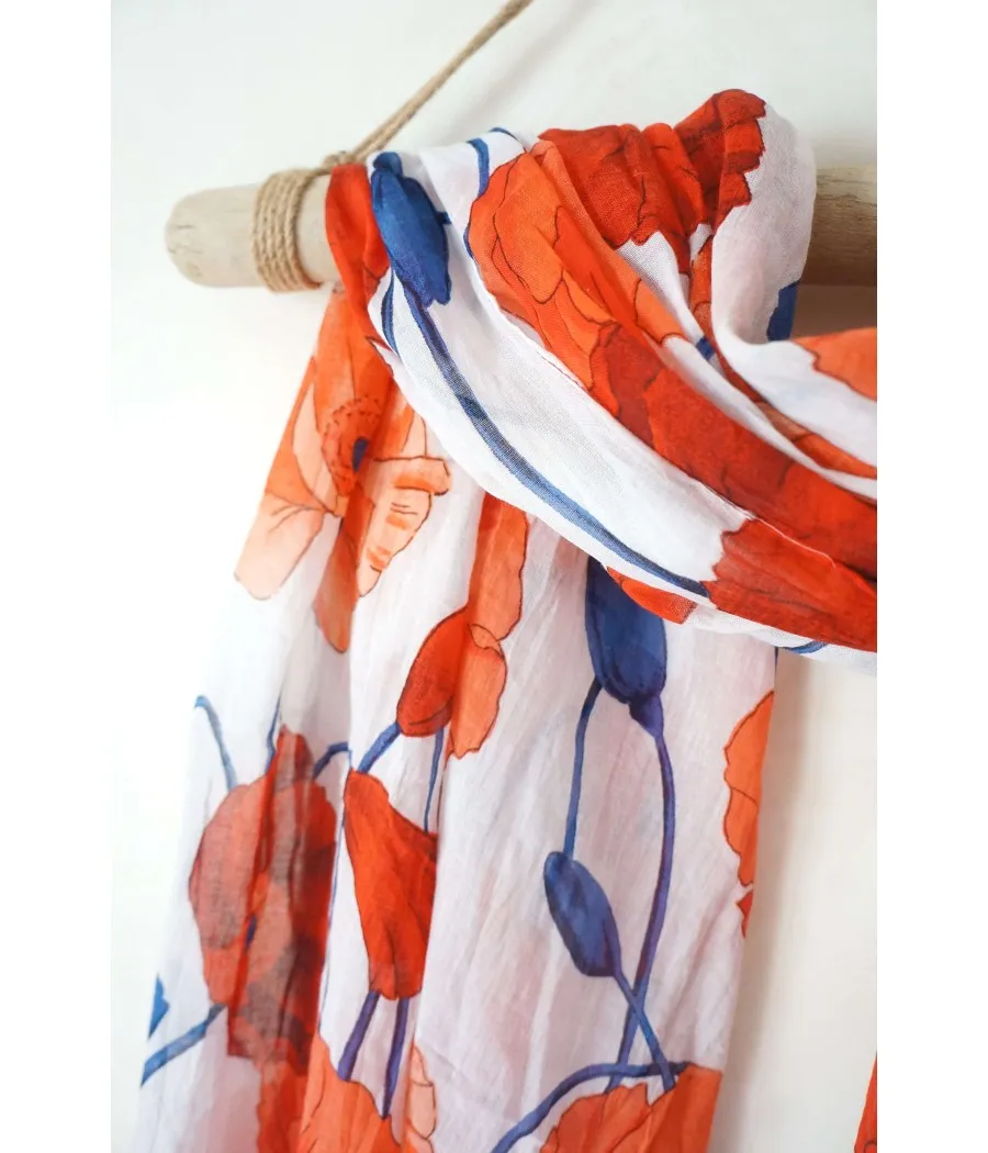 santaia foulard nature blanc fleurs grands coquelicots rouges bleus