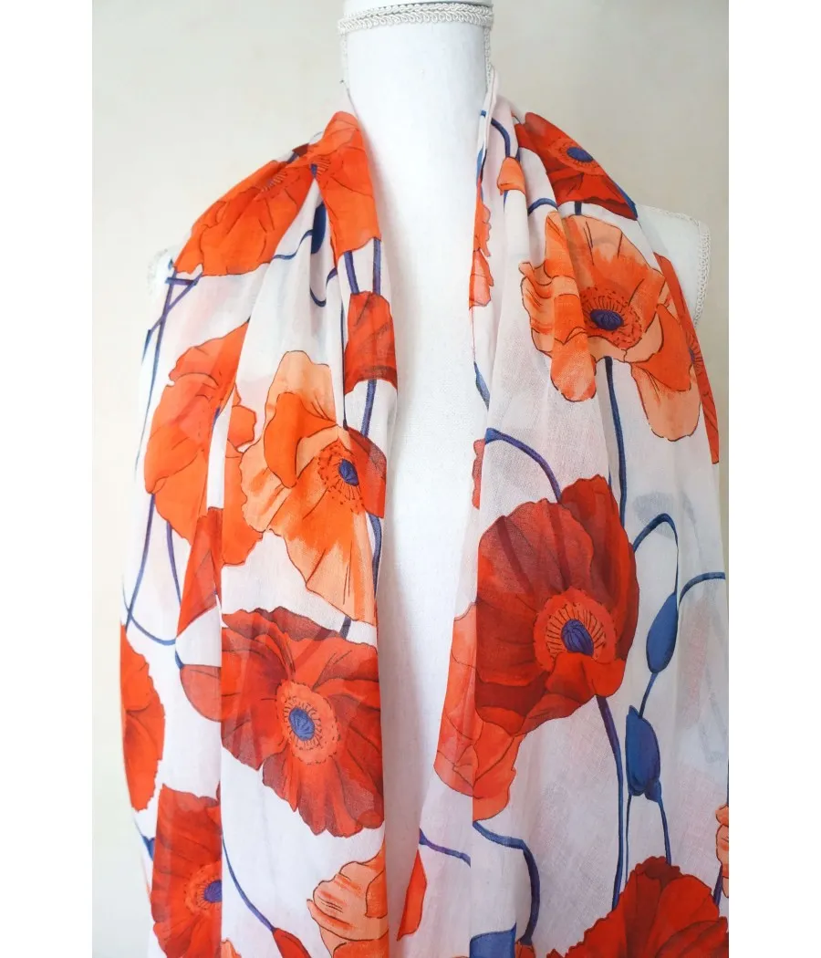 santaia foulard nature blanc fleurs grands coquelicots rouges bleus