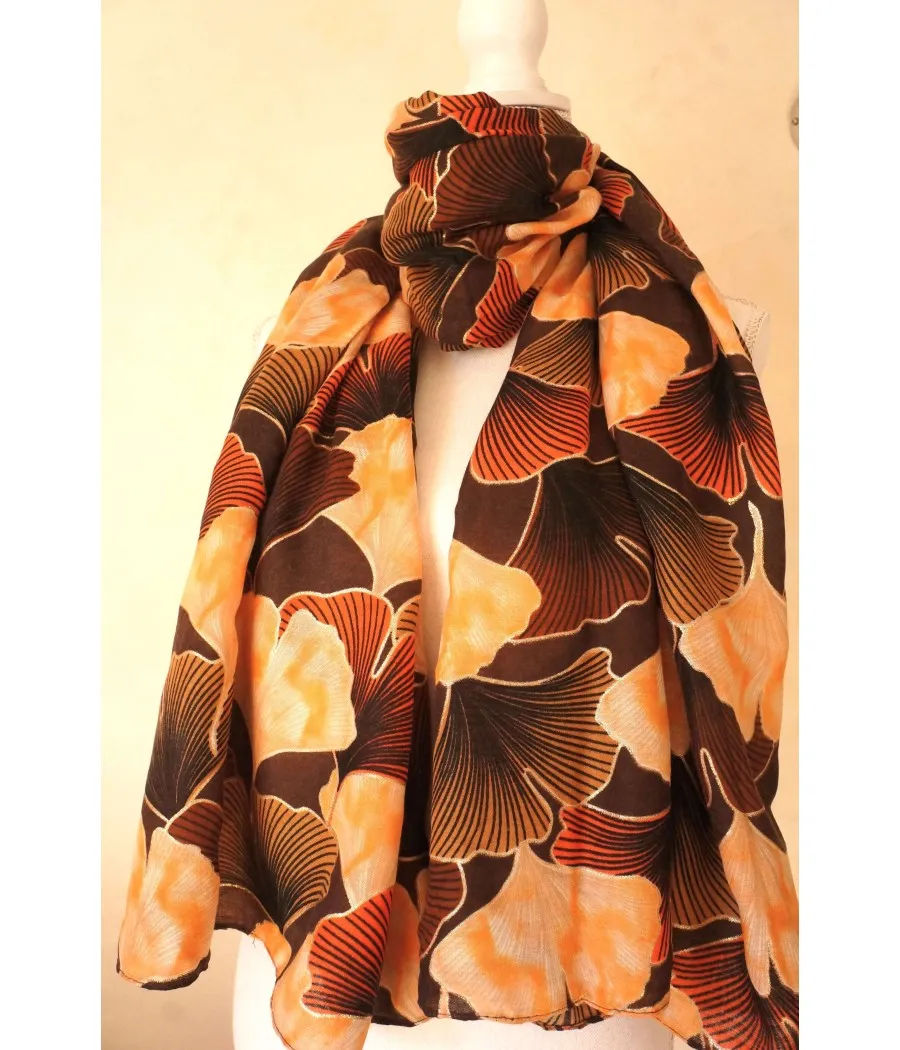 santaia foulard original feuilles ginkgo marron orangé camel liseré or