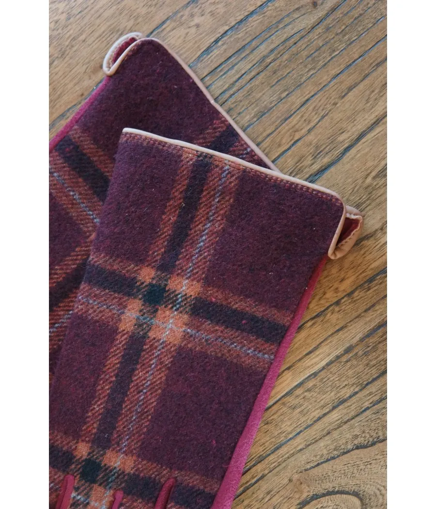 SANTAIA GANTS CHICS CHAUDS ECOSSAIS BORDEAUX ASPECT LAINE VELOURS