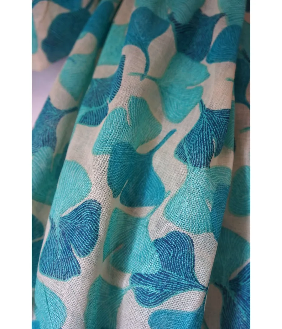 SANTAÏA FOULARD FEMME COTON TURQUOISE FEUILLES GINKGO NATURE BOHÊME