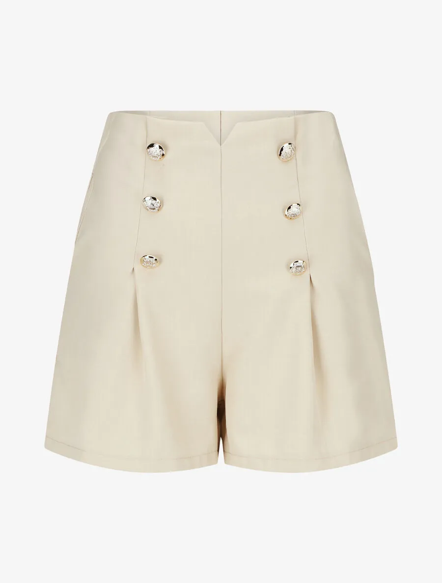 Short droit taille haute à boutons - Beige