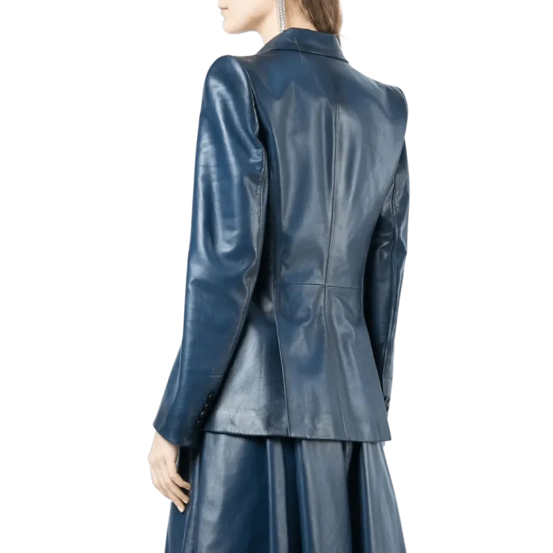 Veste blazer cintré cuir agneau bleu nuit