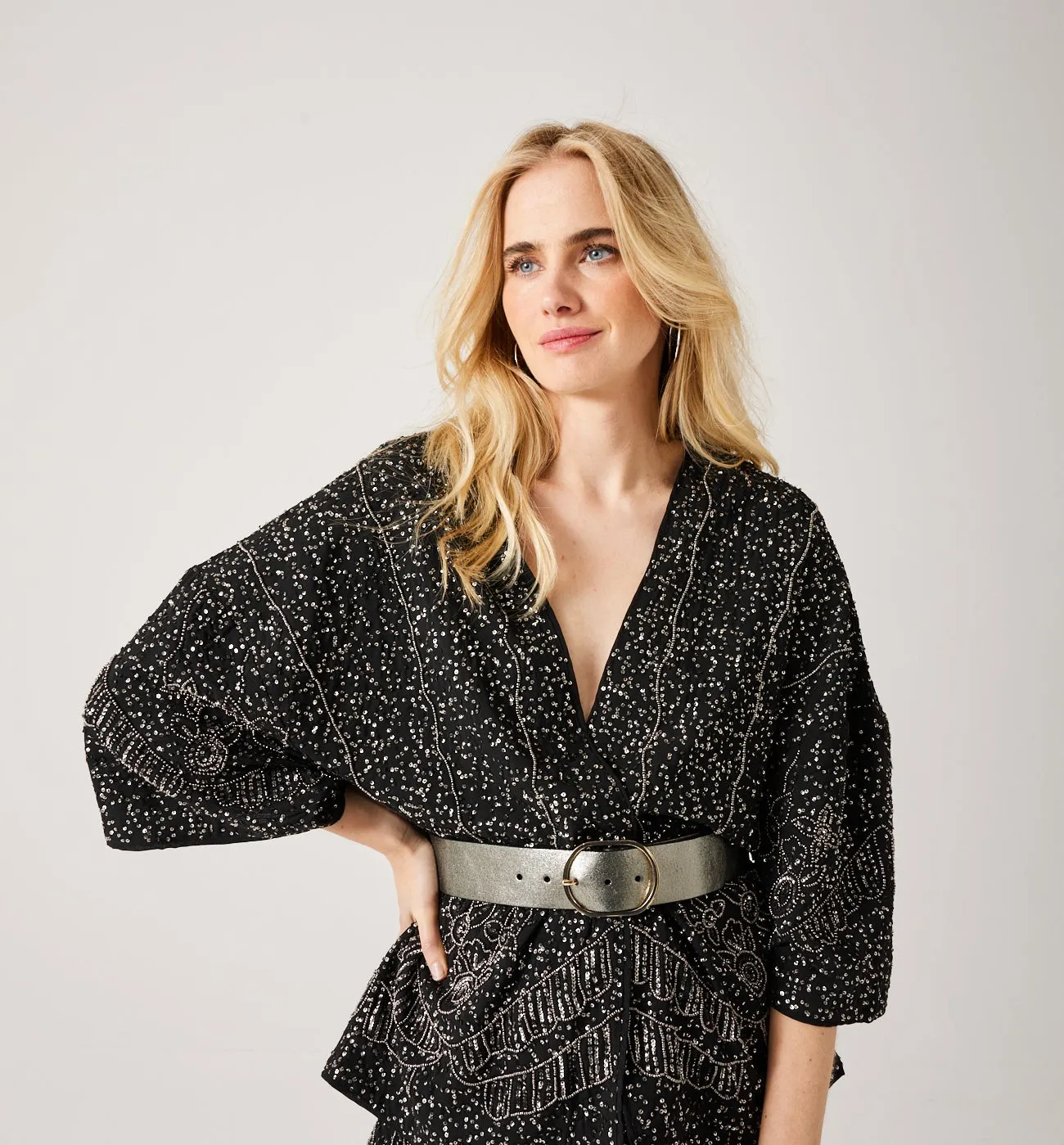 Veste-kimono brodée Femme - Imprimé noir