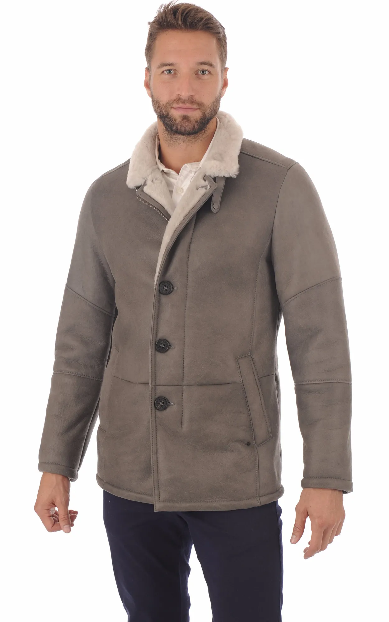 Veste peau lainé grise entrefino Christ - La Canadienne - Vestes et 3/4 Peau Lainée Gris