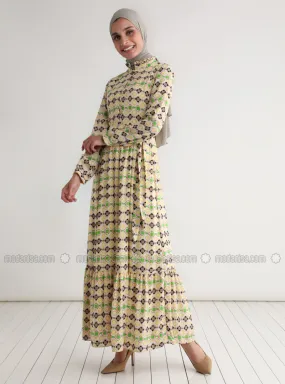 Yellow - Multi - Crew neck - Fully Lined - Modest Dress